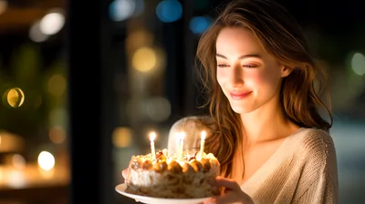 Young Woman Holding Birthday Cake With Lit Candles