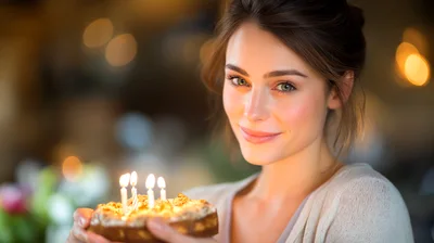 Young Woman Holding Birthday Cake With Lit Candles