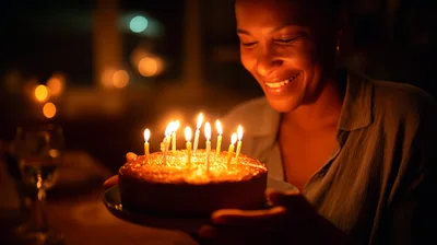 Woman Smiling At Birthday Cake With Lit Candles