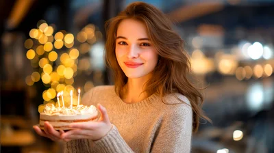 Young Woman Holding Birthday Cake With Lit Candles