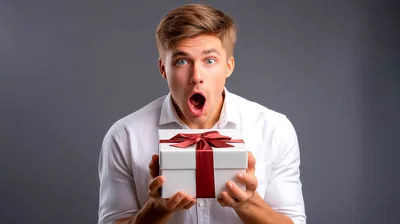 Surprised Young Man Holding A Gift Box