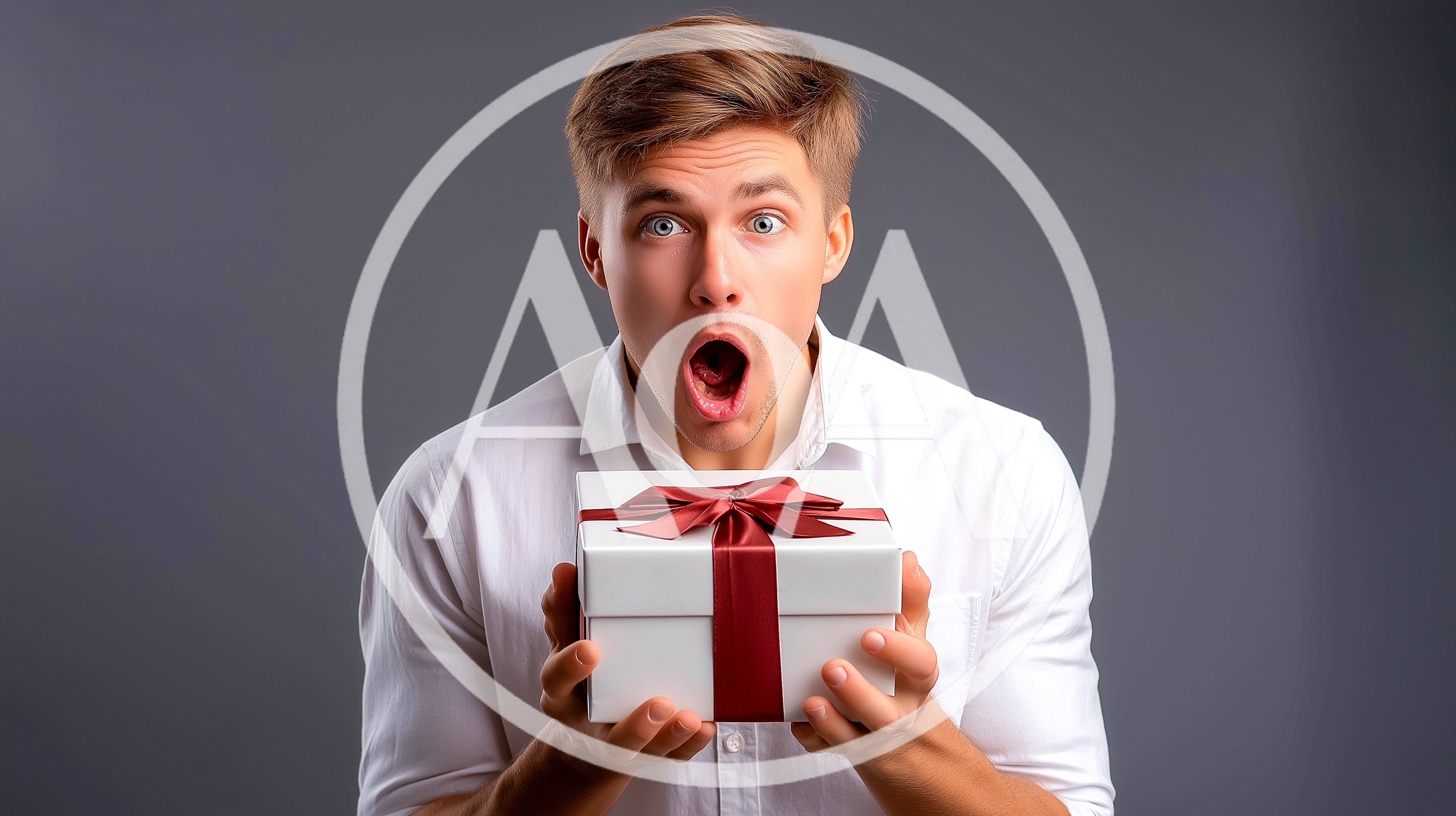 Surprised Young Man Holding A Gift Box