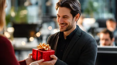 Man Giving A Red Gift Box To A Colleague