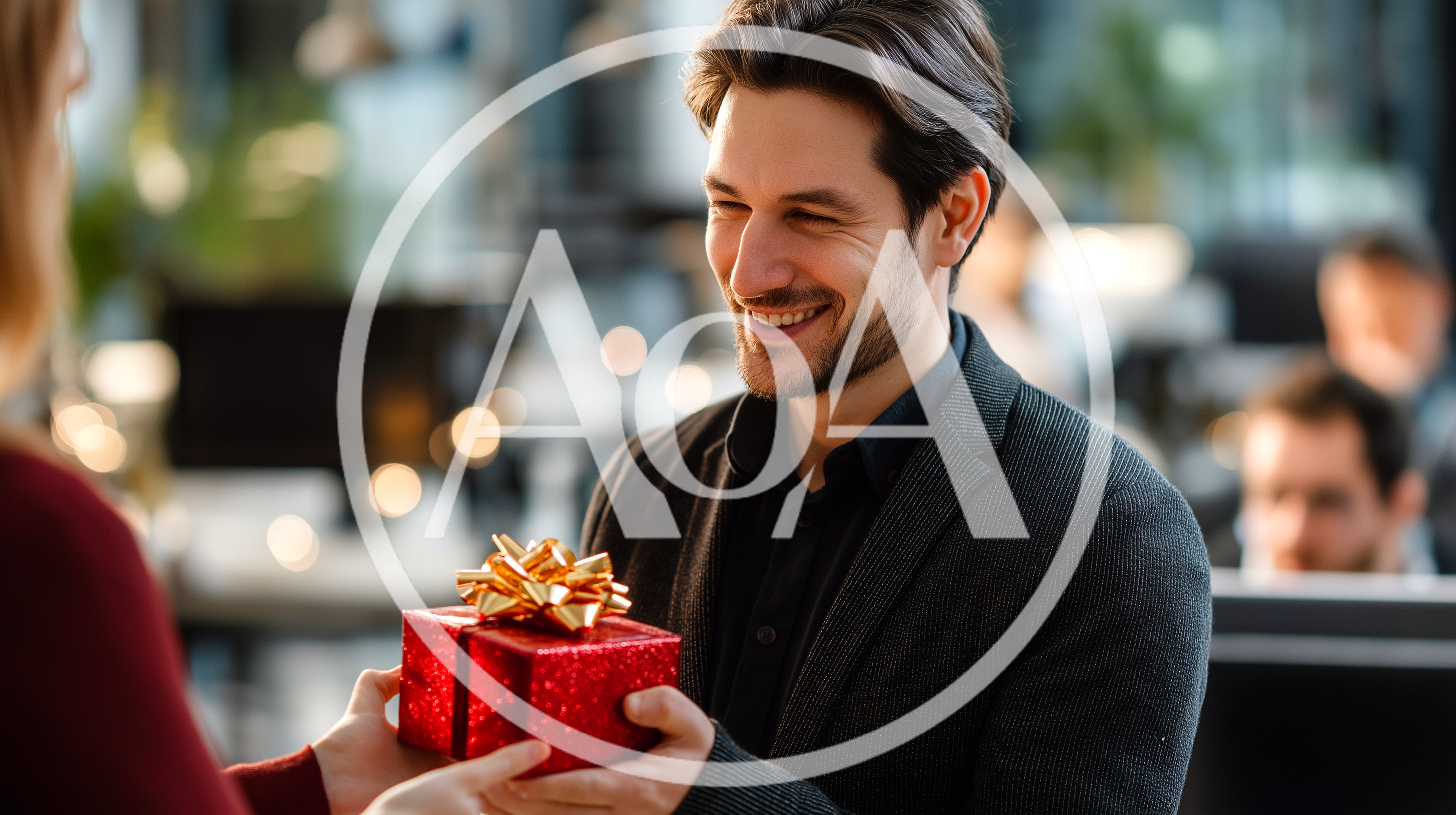 Man Giving A Red Gift Box To A Colleague