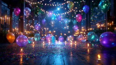 Festive Party Room With Floating Balloons And Confetti