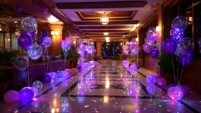Purple Balloon Decorations In A Hotel Hallway
