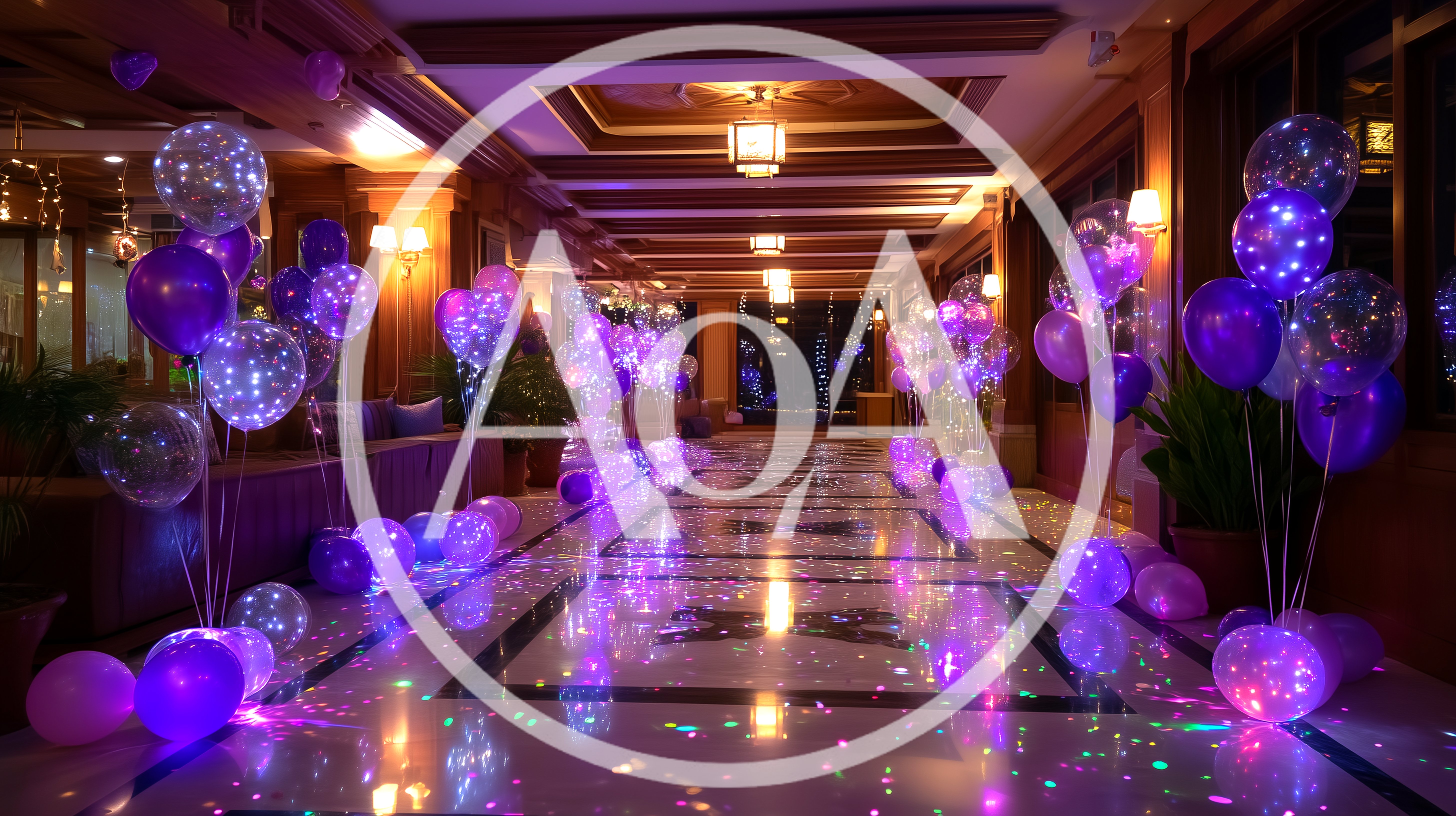 Purple Balloon Decorations In A Hotel Hallway
