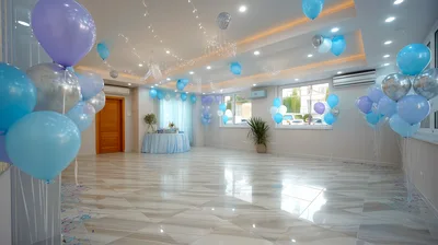 Empty Banquet Hall Decorated With Blue And Silver Balloons
