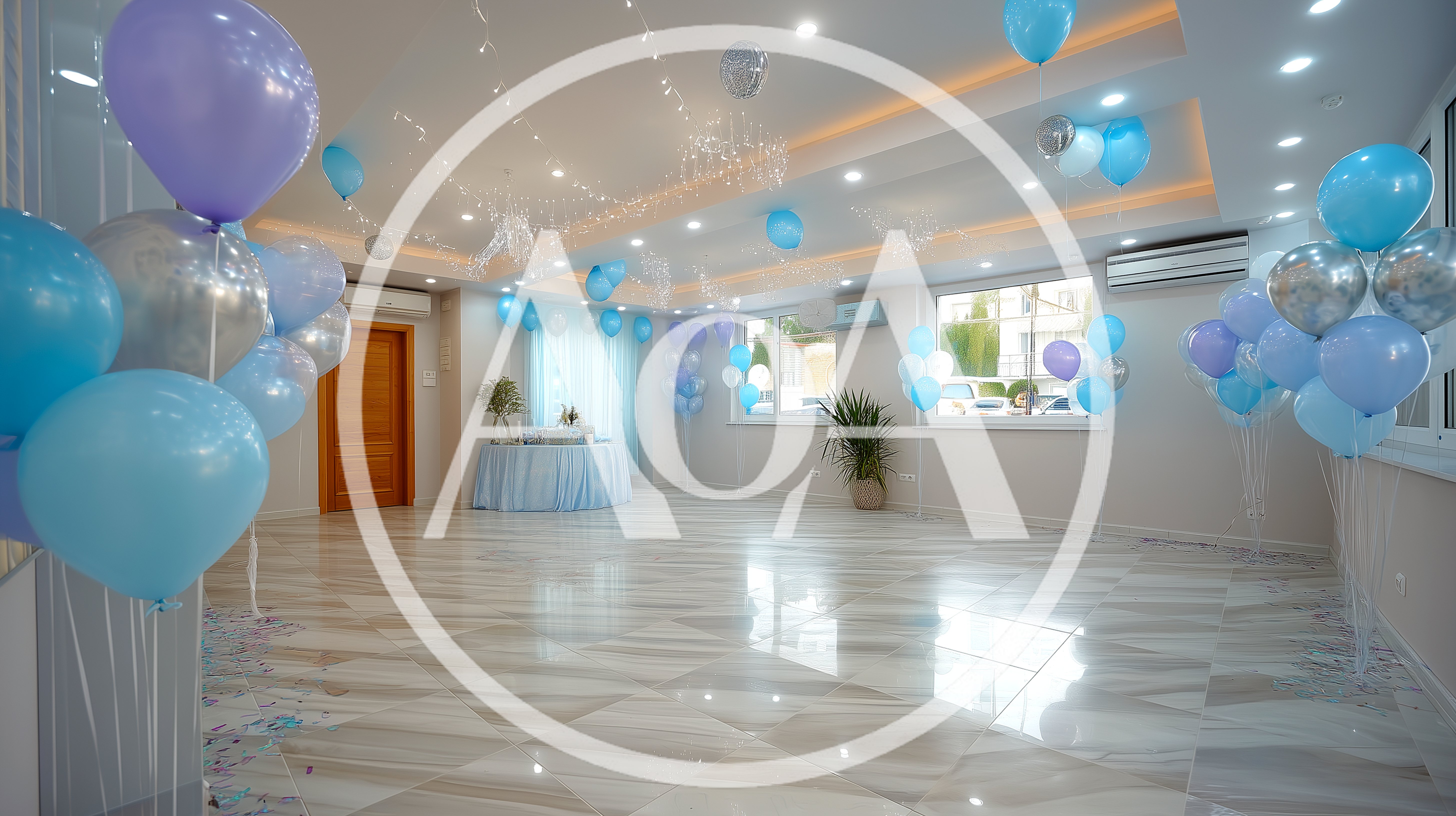 Empty Banquet Hall Decorated With Blue And Silver Balloons