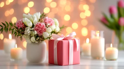 Pink Gift Box And Flower Bouquet With Candles