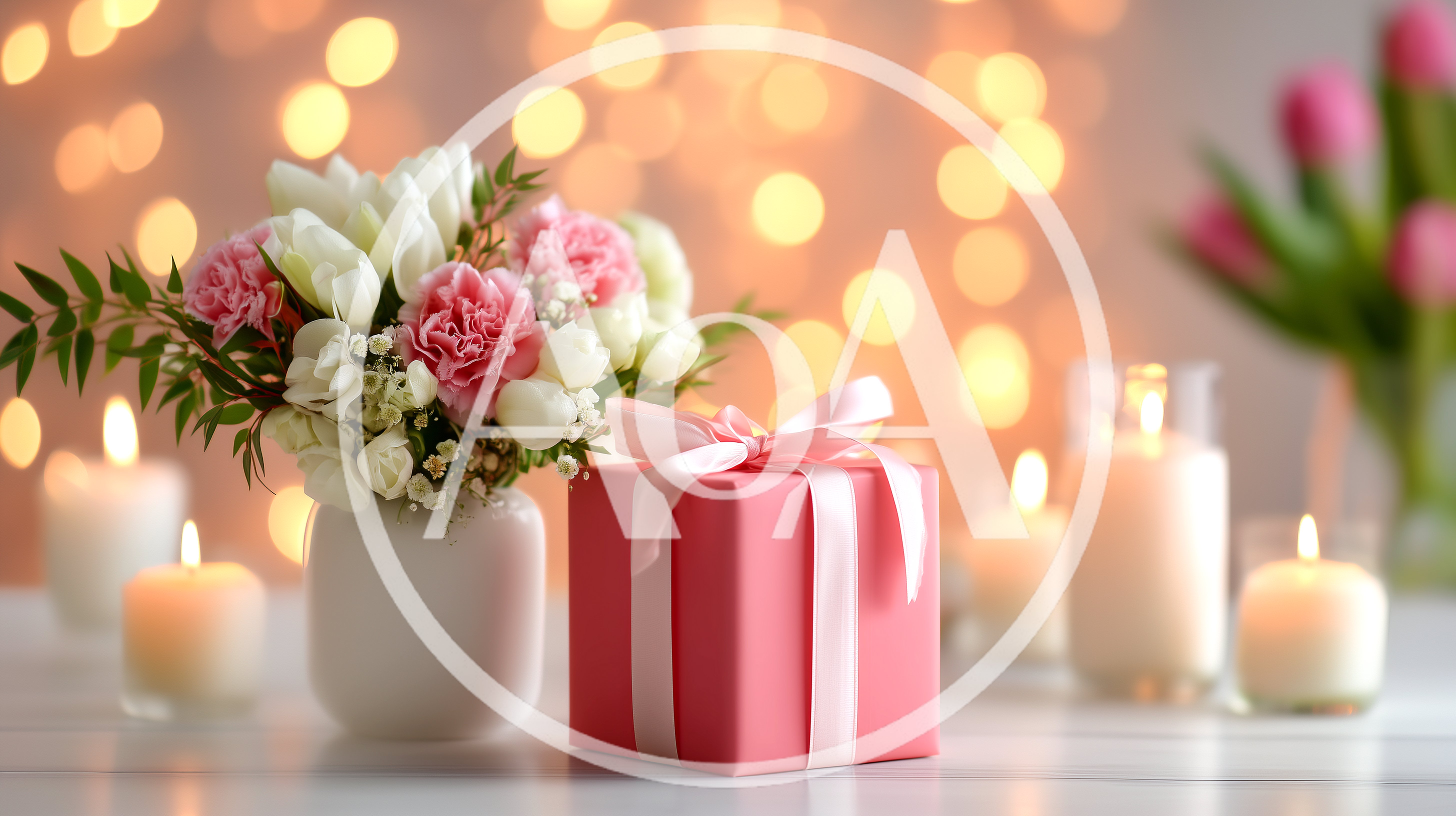 Pink Gift Box And Flower Bouquet With Candles