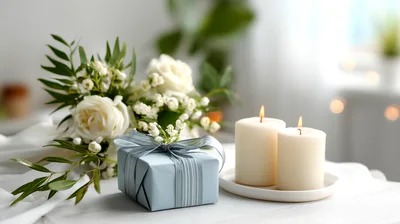 Gift Box With Flowers And Candles On Table