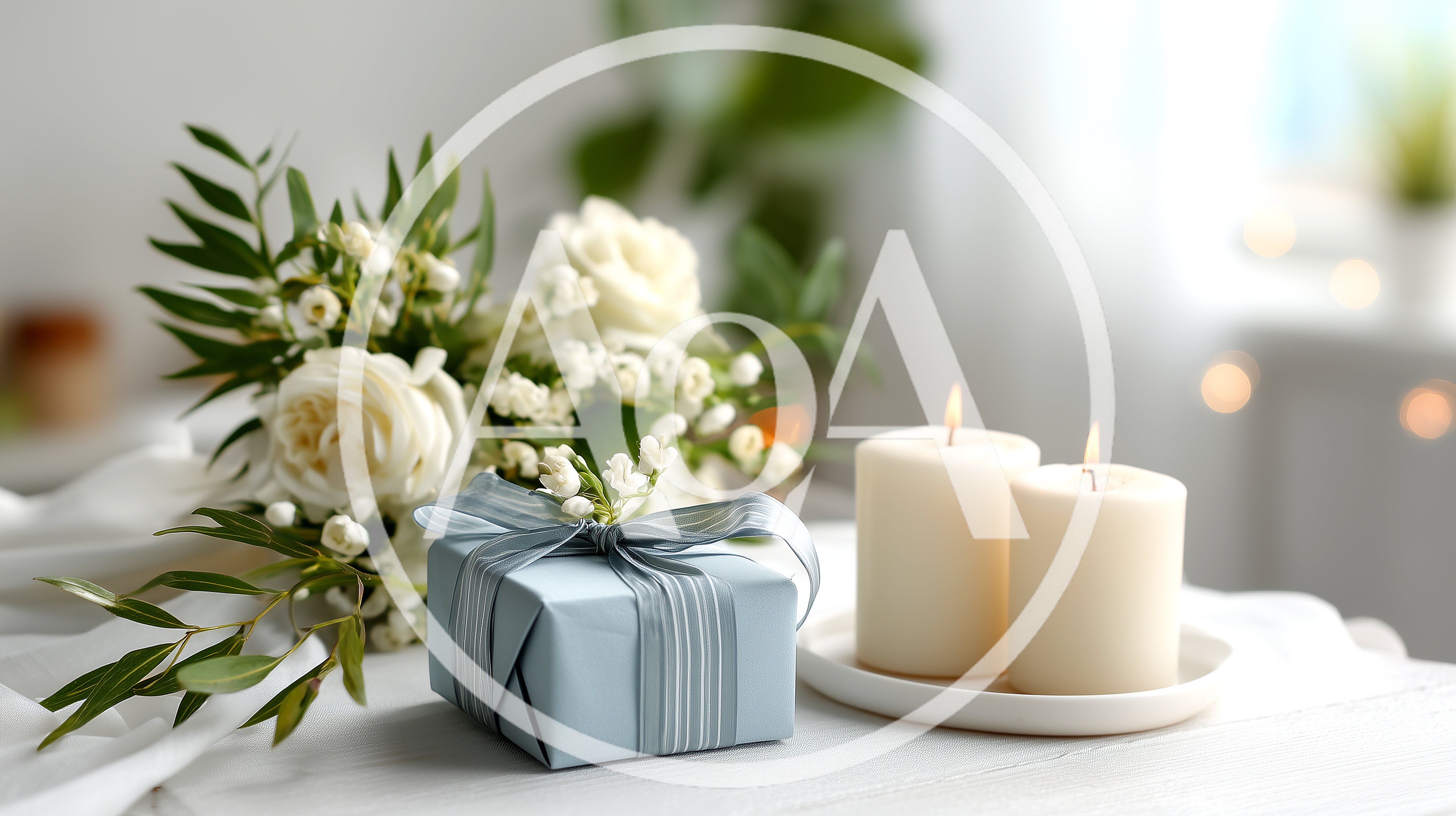 Gift Box With Flowers And Candles On Table