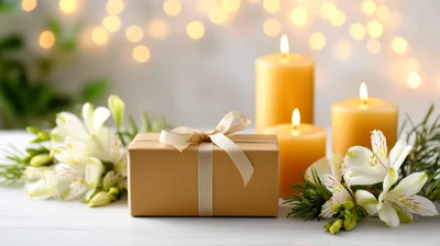 Gift Box With Candles And Flowers