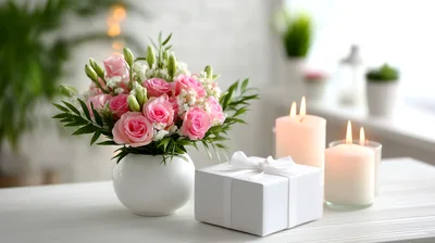 Pink Rose Bouquet With Gift Box And Candles