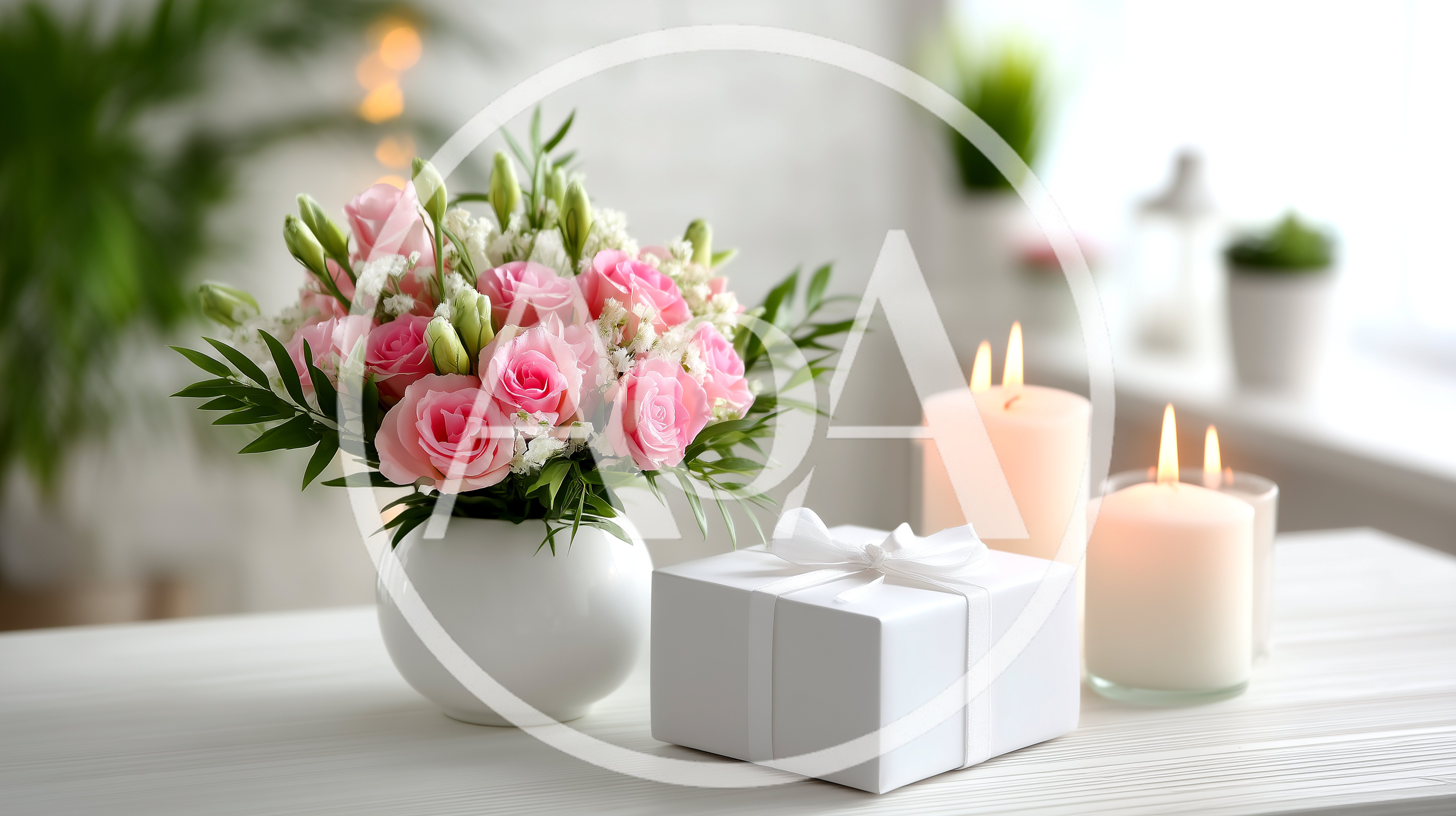 Pink Rose Bouquet With Gift Box And Candles