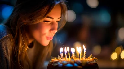 Young Woman Blowing Out Birthday Cake Candles