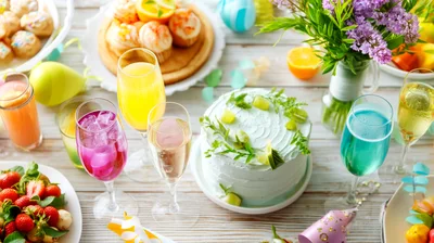 Festive Easter Brunch Table With Cake And Drinks