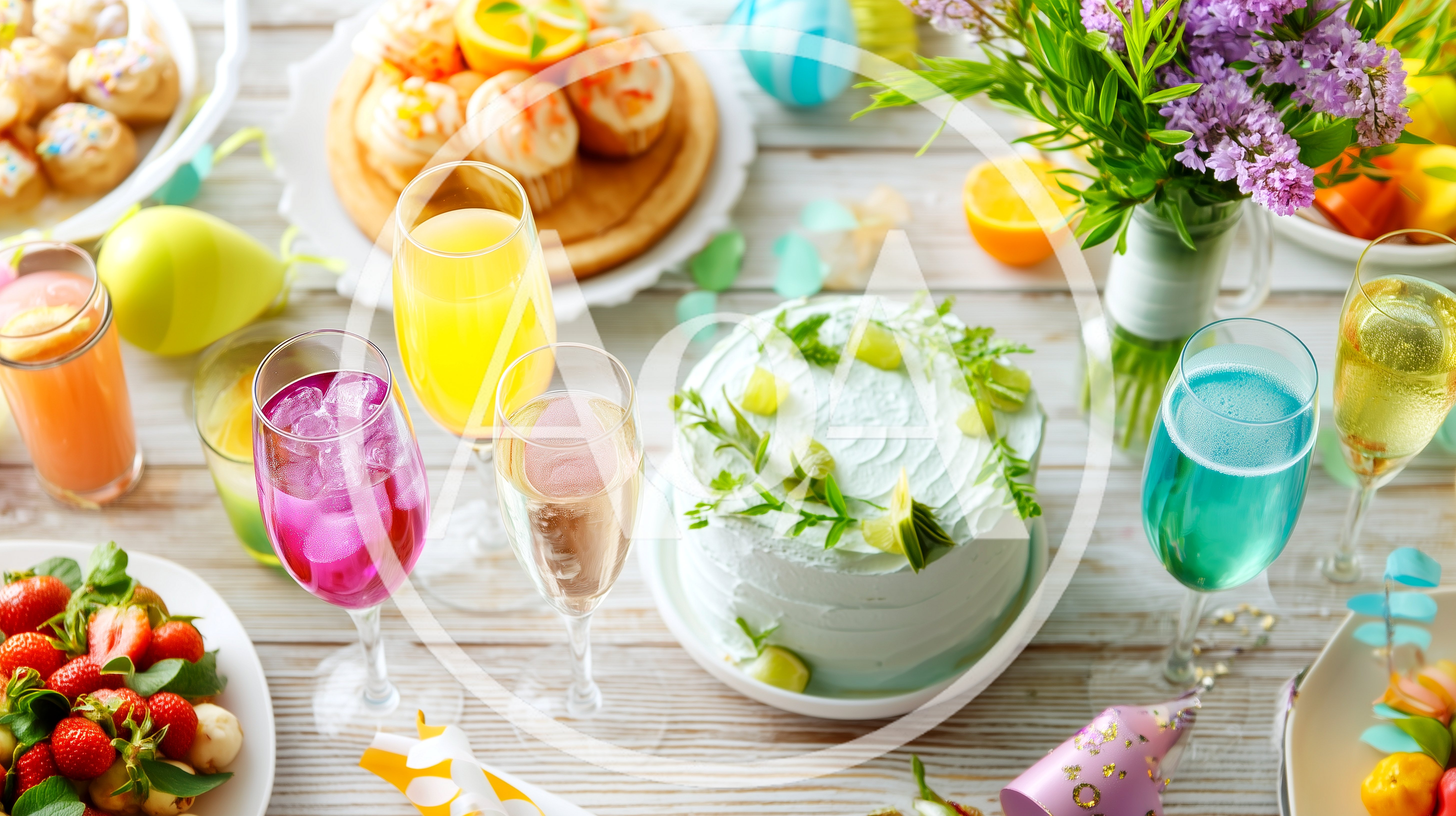 Festive Easter Brunch Table With Cake And Drinks