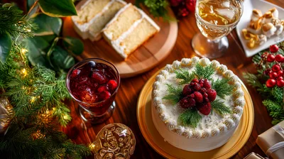 Festive Christmas Table Setting With Cake And Drinks