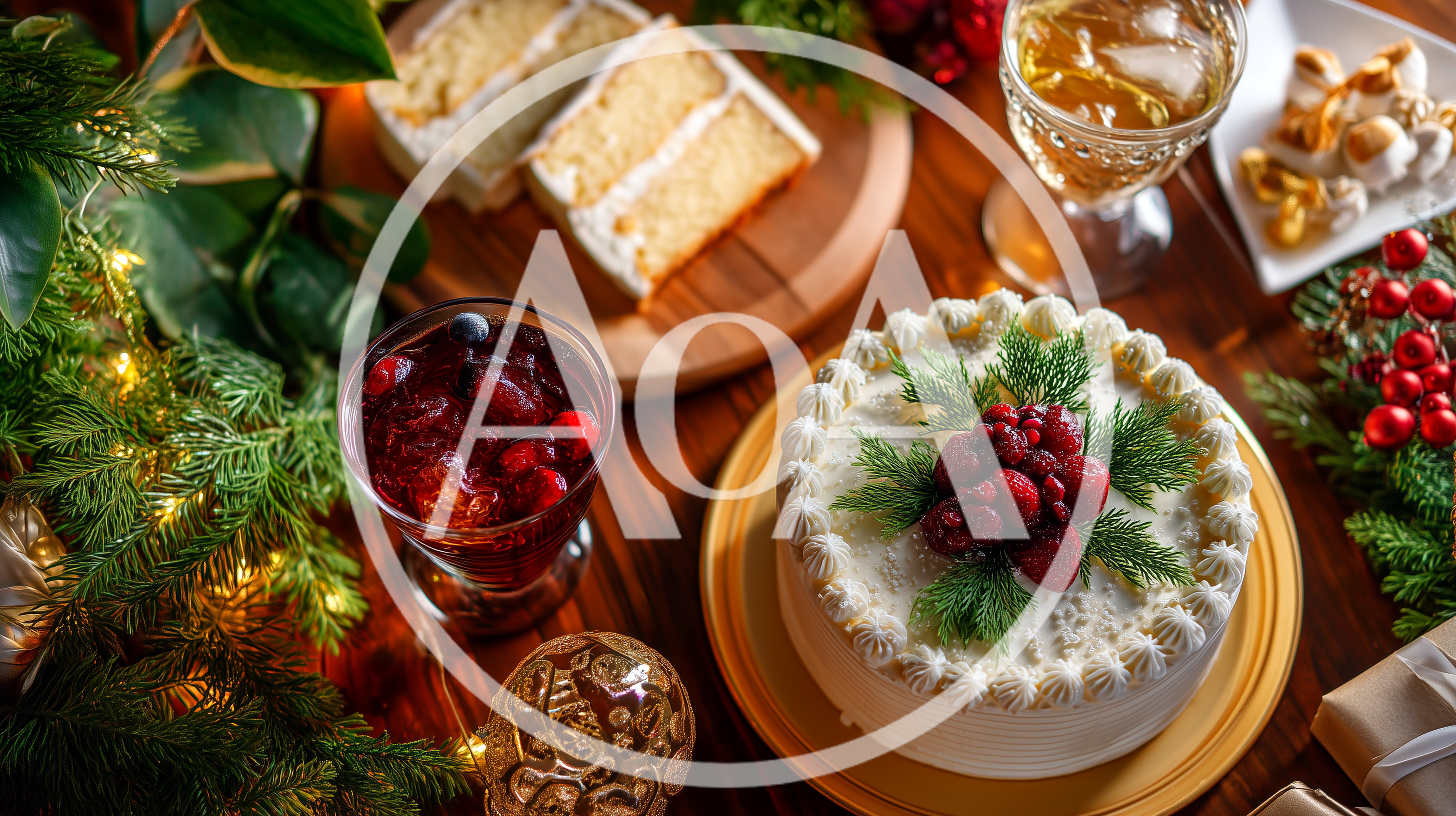 Festive Christmas Table Setting With Cake And Drinks