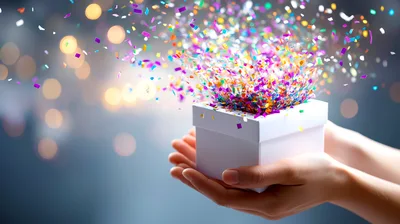 Hands Holding White Gift Box With Exploding Confetti