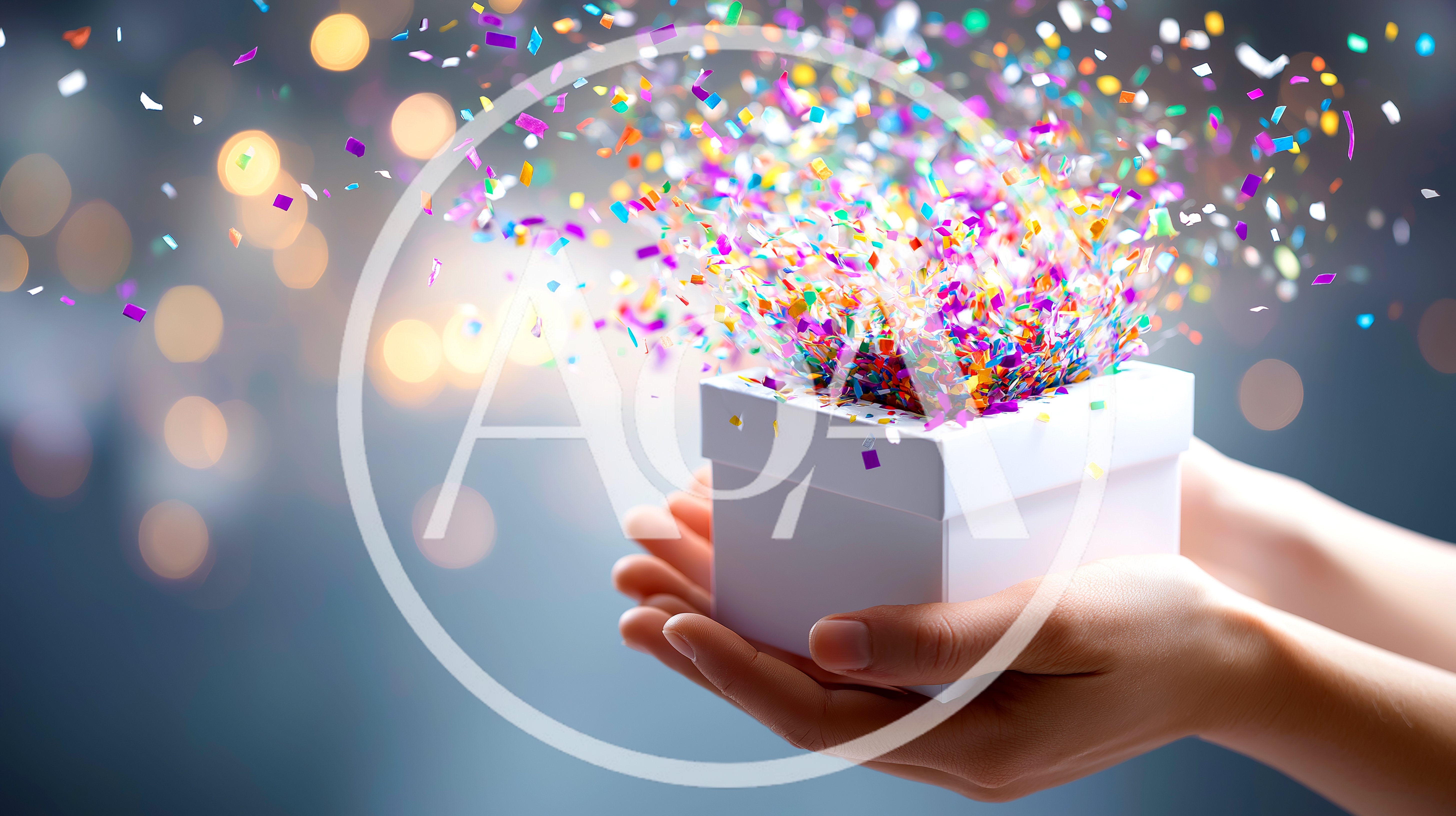 Hands Holding White Gift Box With Exploding Confetti
