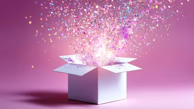 White Gift Box Exploding With Colorful Glitter