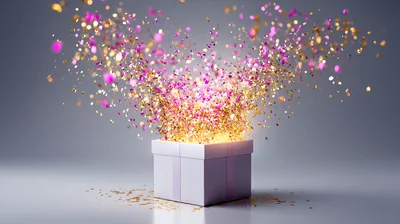 White Gift Box Exploding With Gold And Pink Confetti