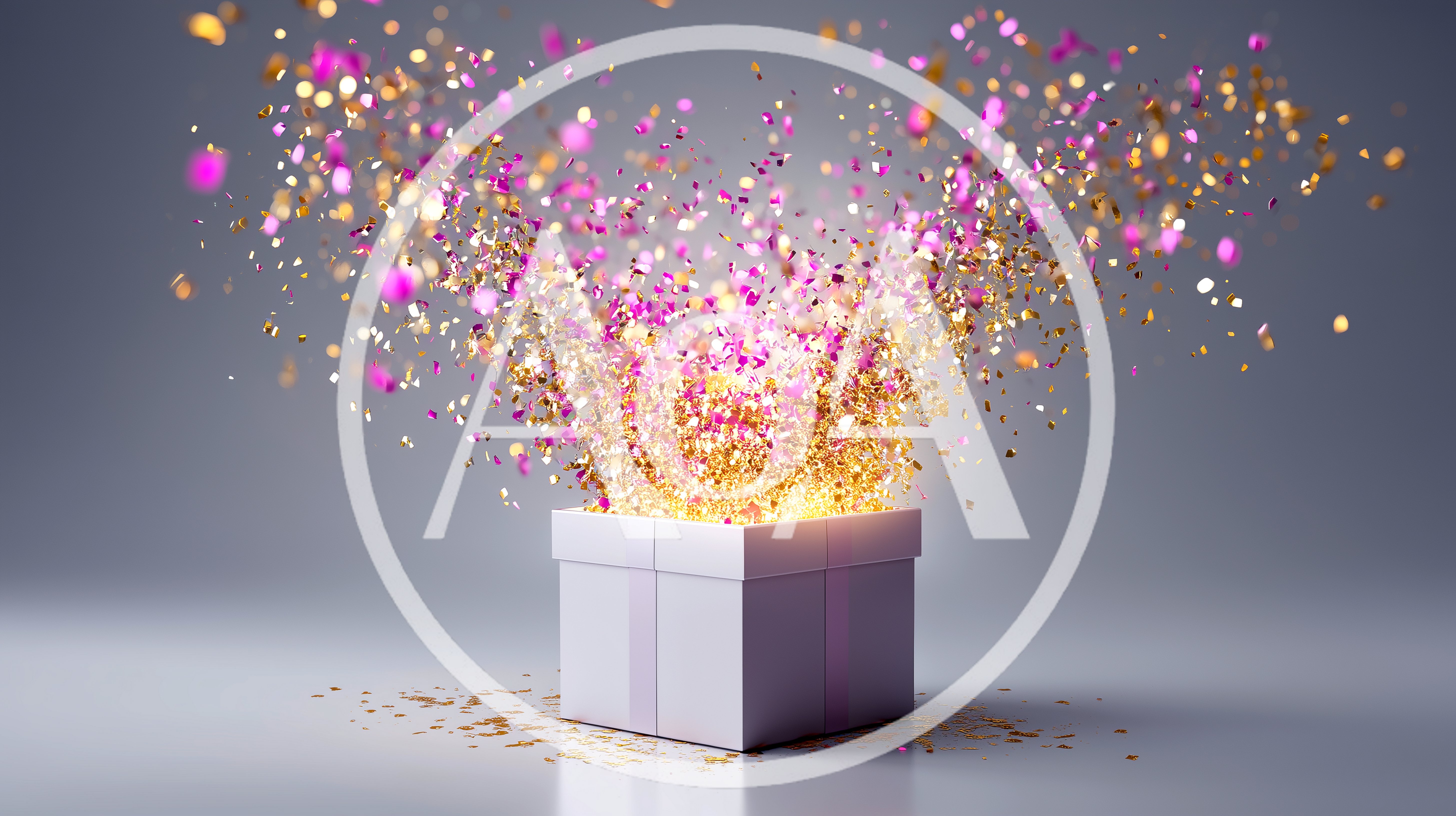 White Gift Box Exploding With Gold And Pink Confetti