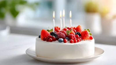 Birthday Cake With Berries And Lit Candles