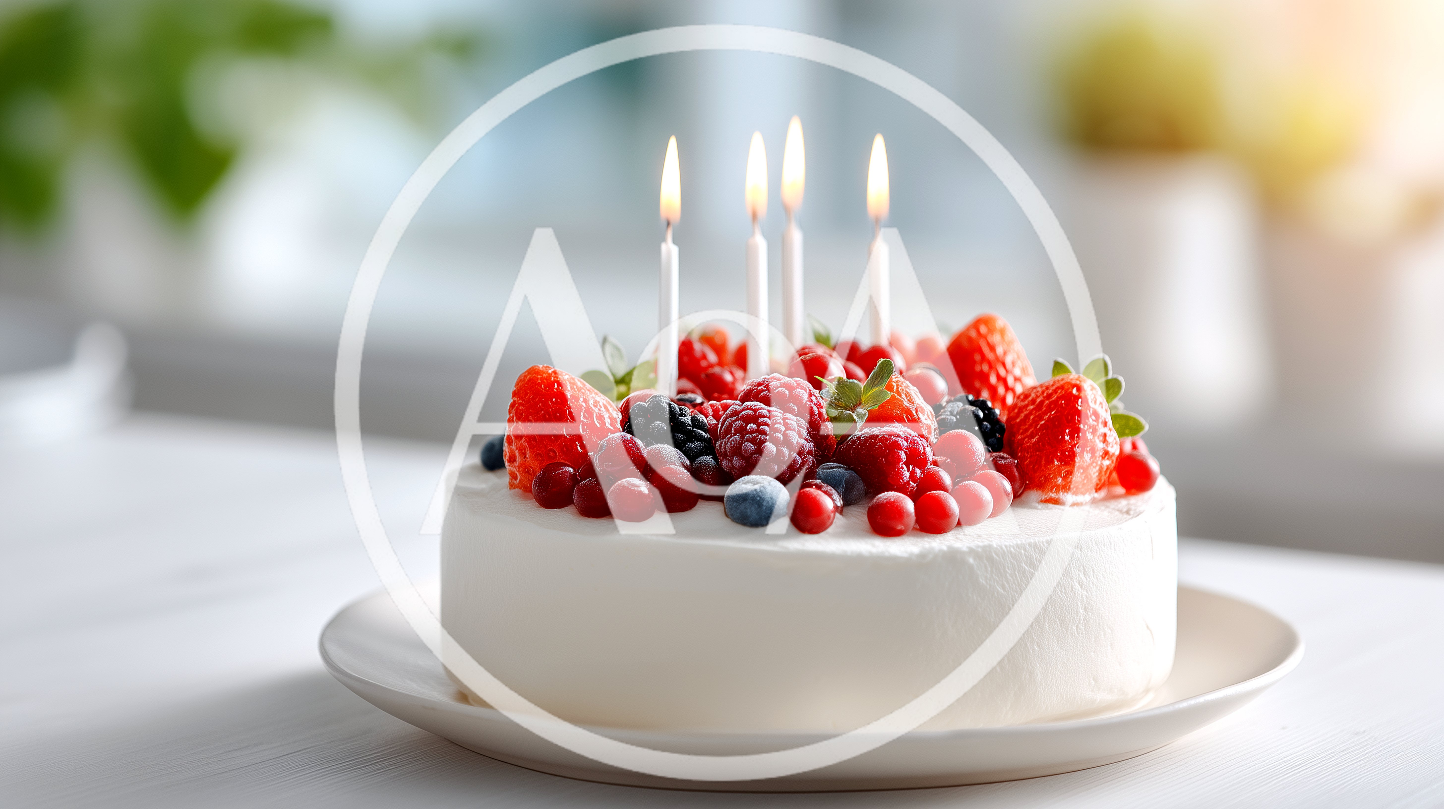 Birthday Cake With Berries And Lit Candles