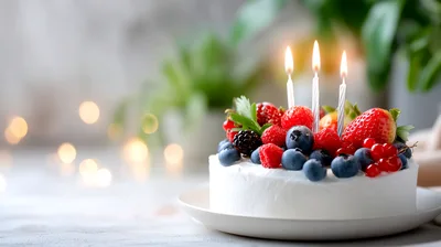 Birthday Cake Topped With Fresh Berries And Candles