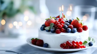 Birthday Cake Topped With Fresh Berries And Candles