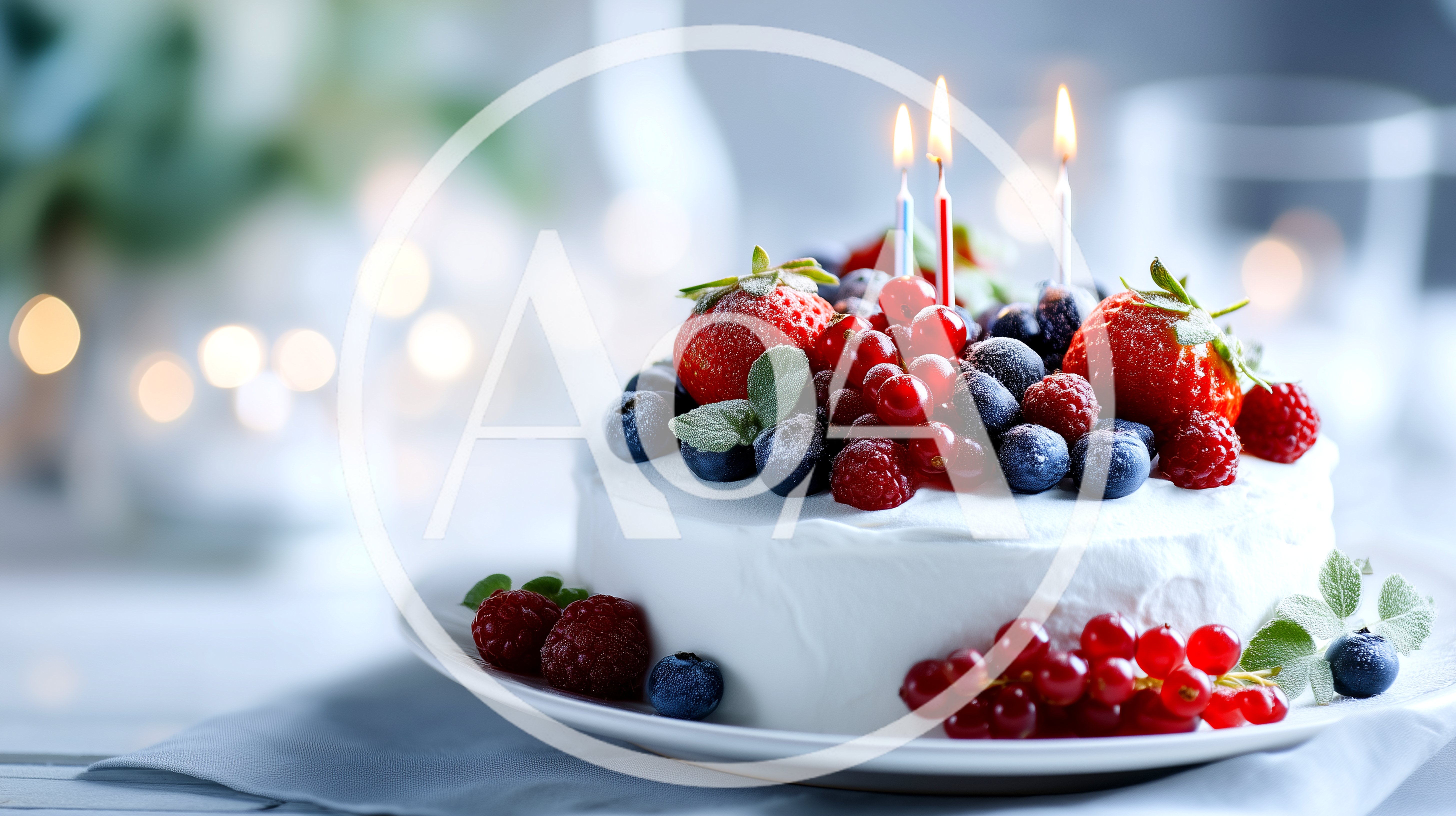 Birthday Cake Topped With Fresh Berries And Candles