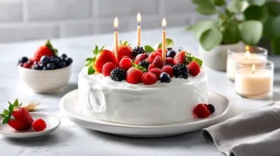 Birthday Cake With Berries And Lit Candles