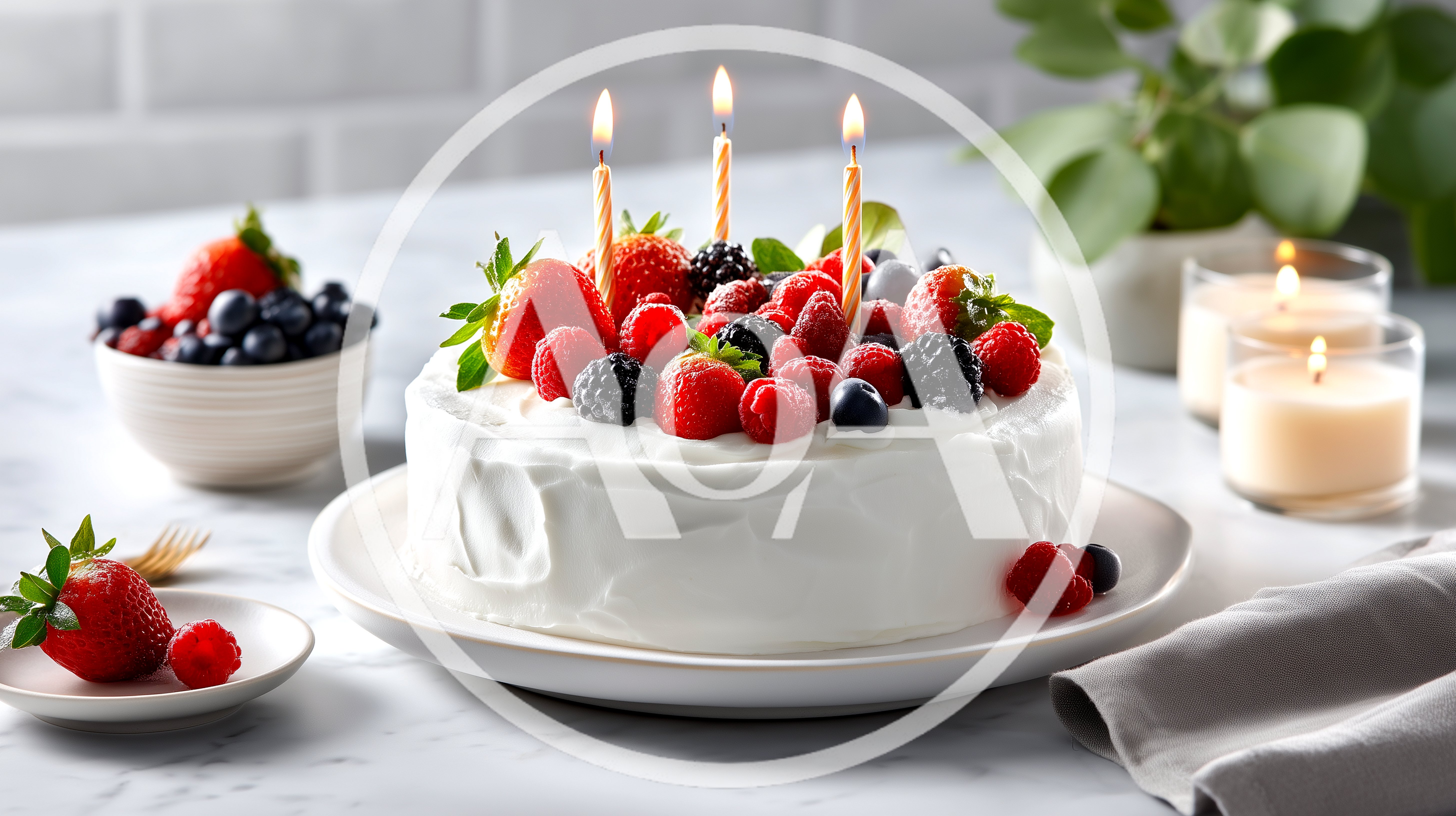 Birthday Cake With Berries And Lit Candles