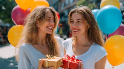 Two Happy Women Holding Gift Boxes With Balloons