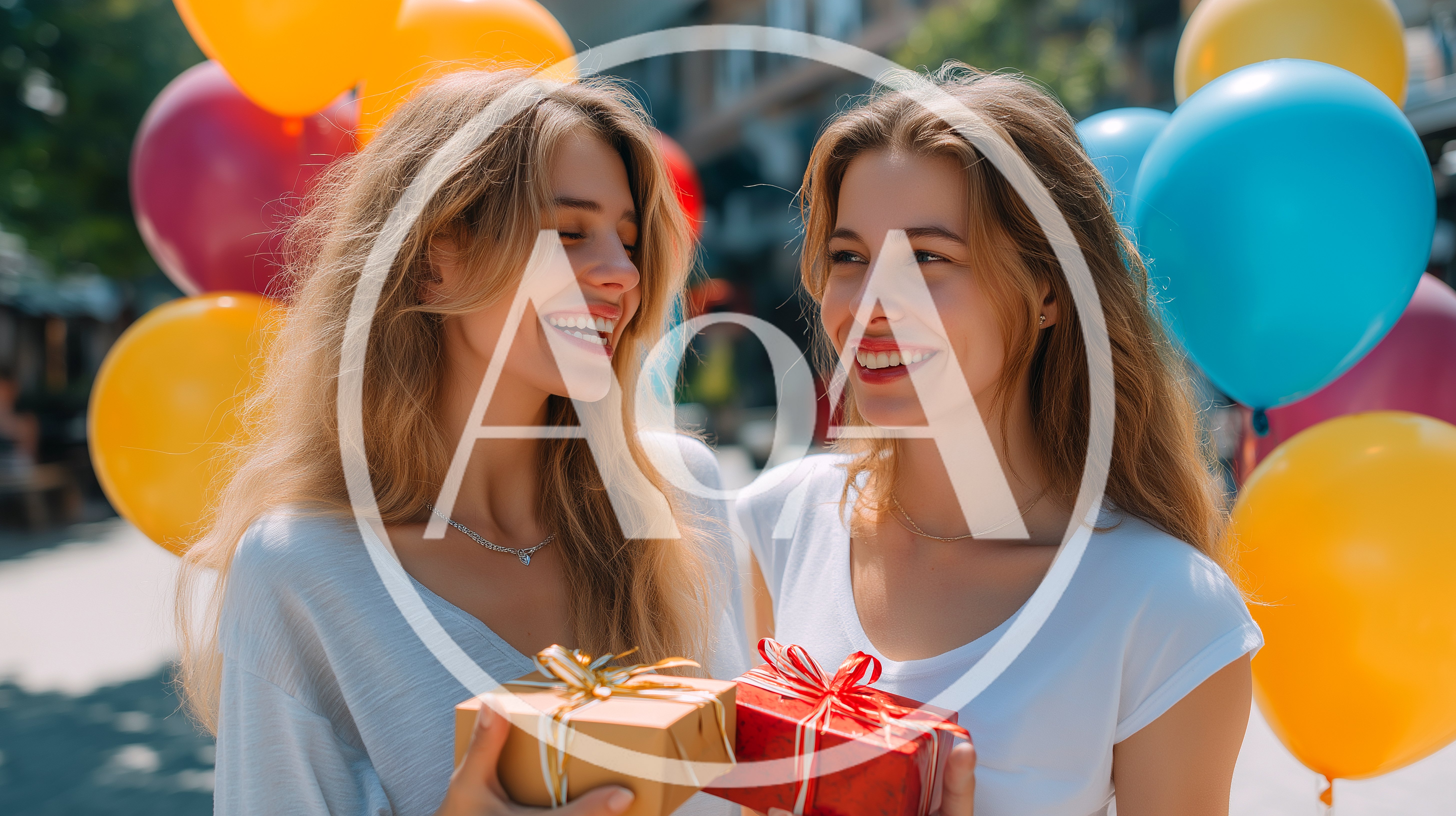 Two Happy Women Holding Gift Boxes With Balloons