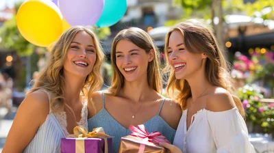 Three Happy Young Women Celebrating With Gifts And Balloons