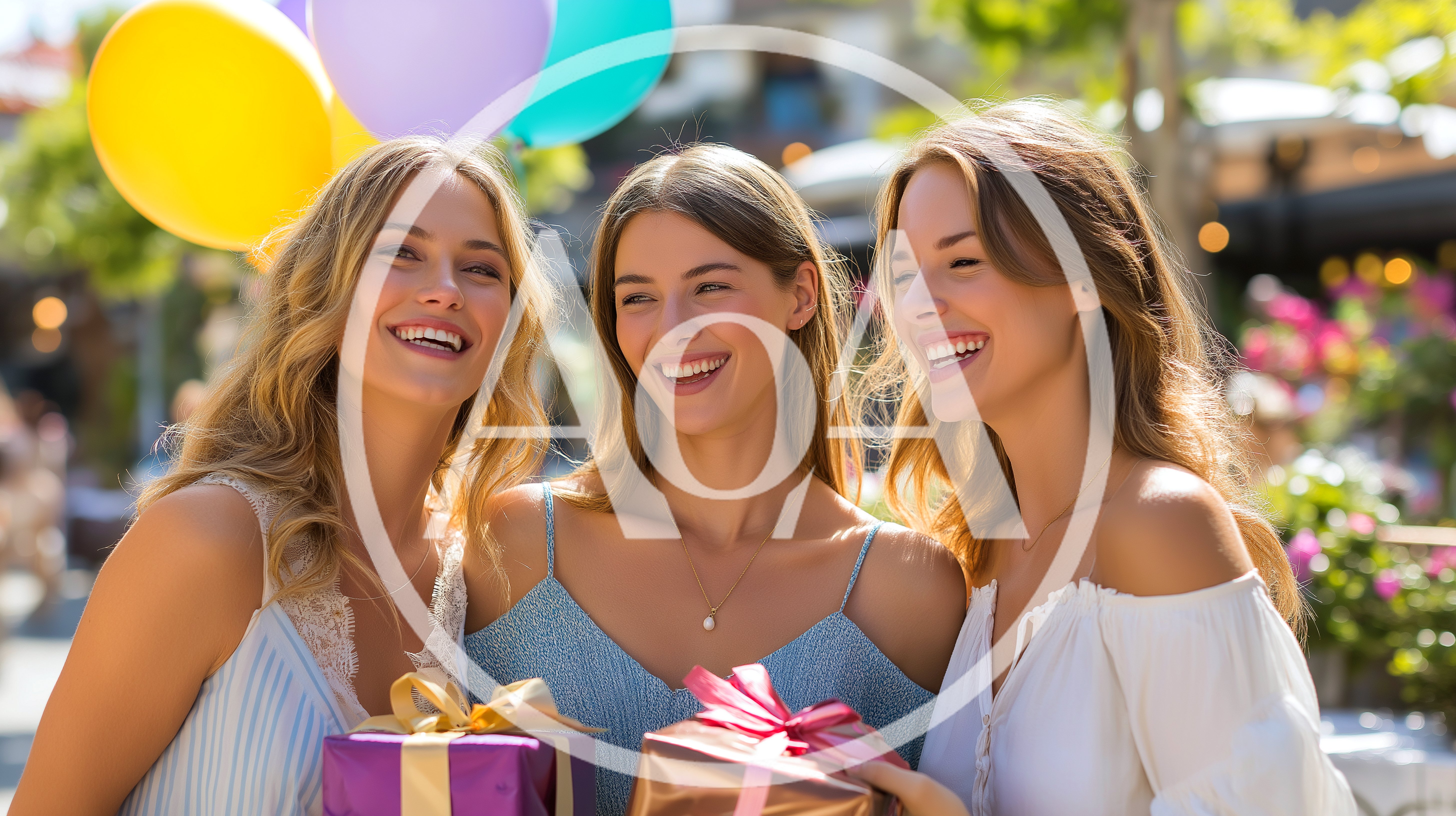Three Happy Young Women Celebrating With Gifts And Balloons