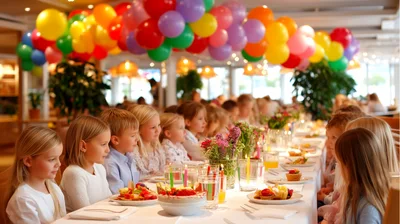 Children Celebrating Birthday Party At A Long Table