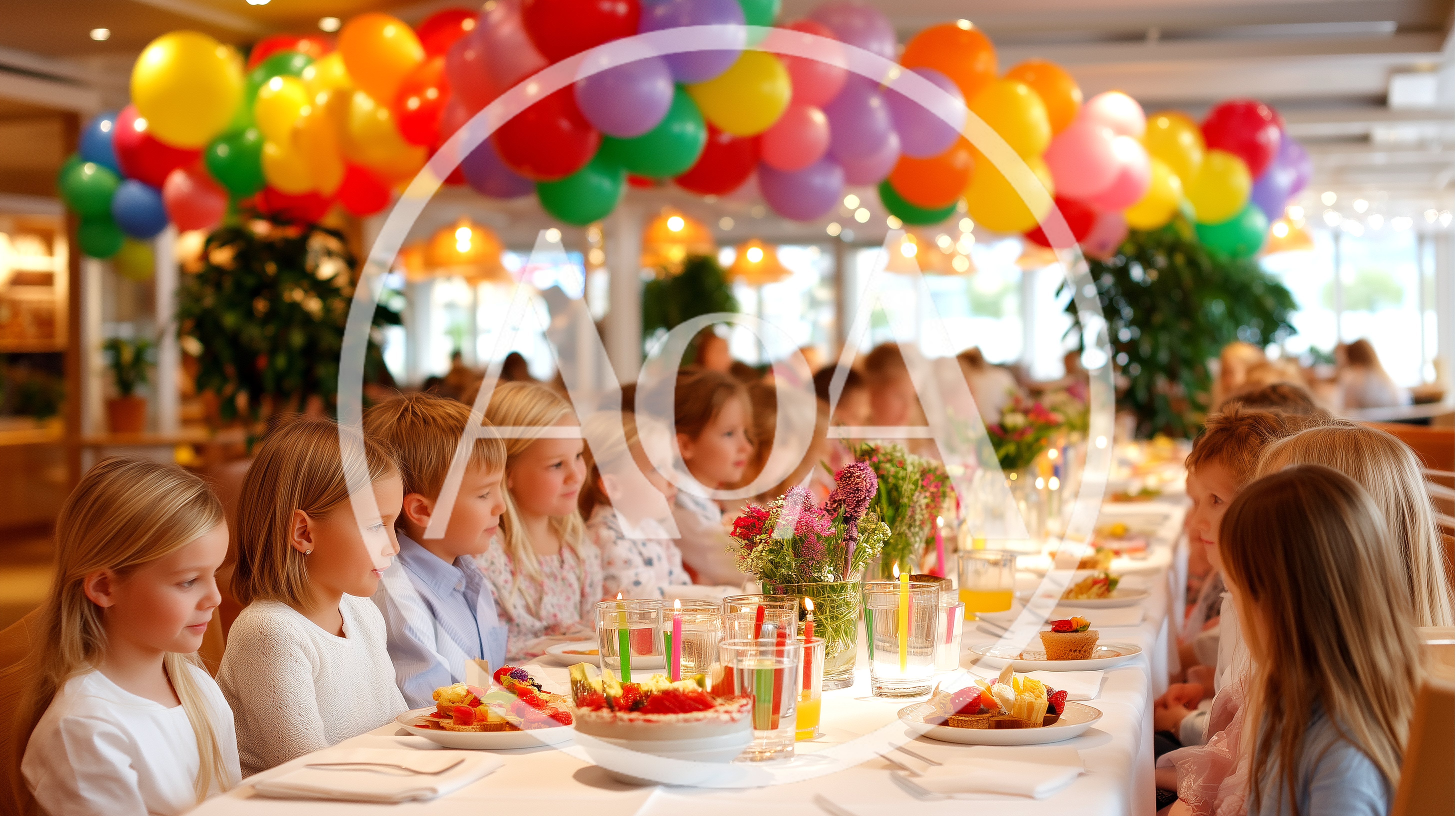 Children Celebrating Birthday Party At A Long Table