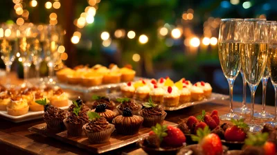 Elegant Dessert Buffet With Champagne Flutes At Evening Event