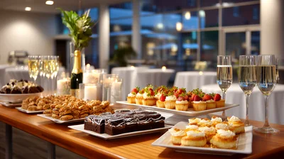Elegant Dessert Buffet Table With Champagne Flutes