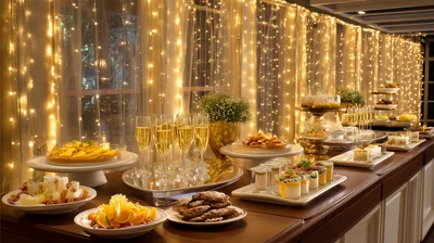 Elegant Catering Buffet Table With Champagne And Desserts