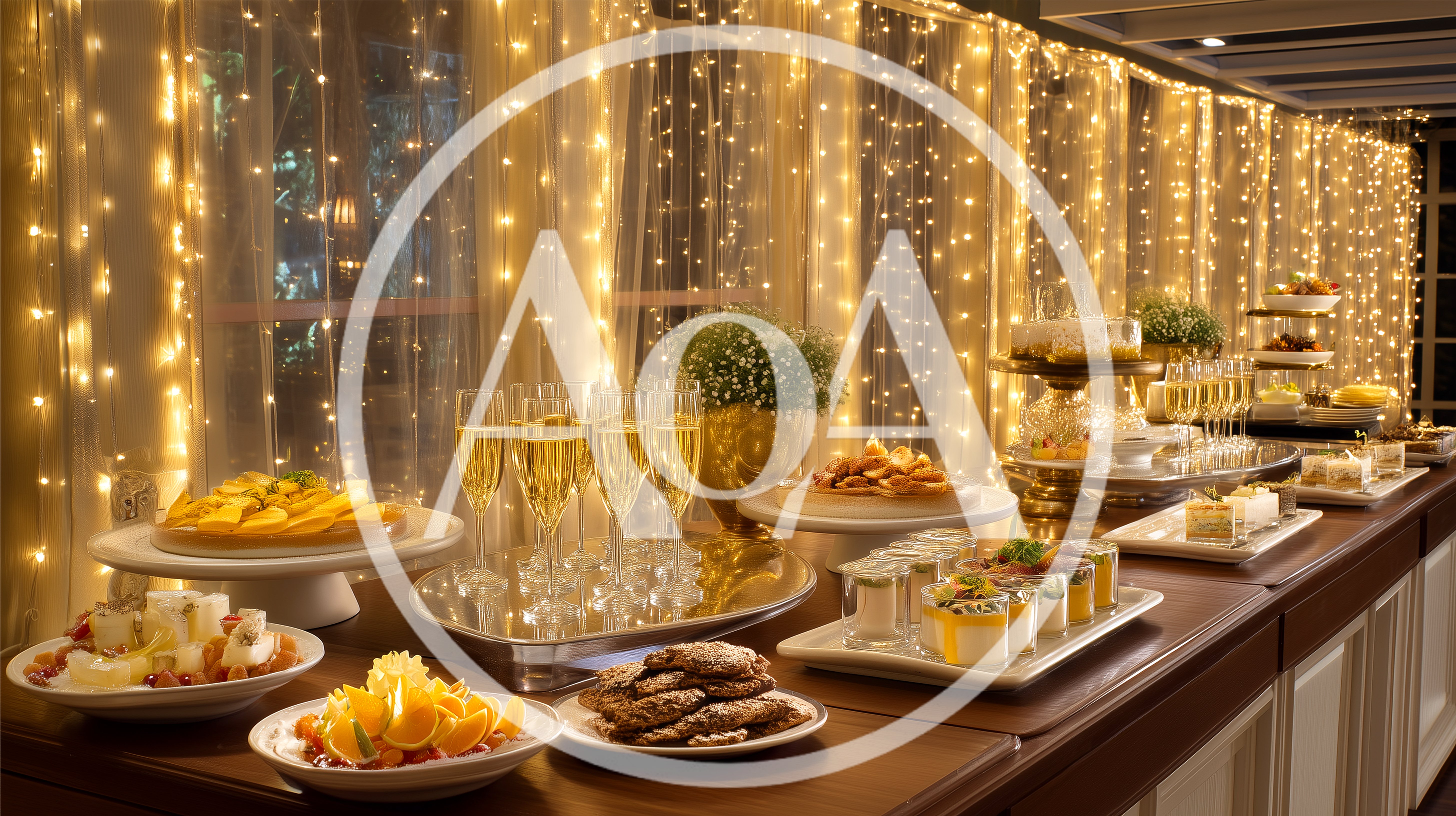 Elegant Catering Buffet Table With Champagne And Desserts