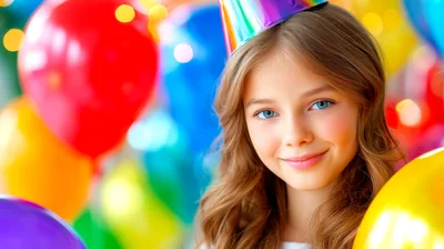 Young Girl Wearing Party Hat Among Colorful Balloons