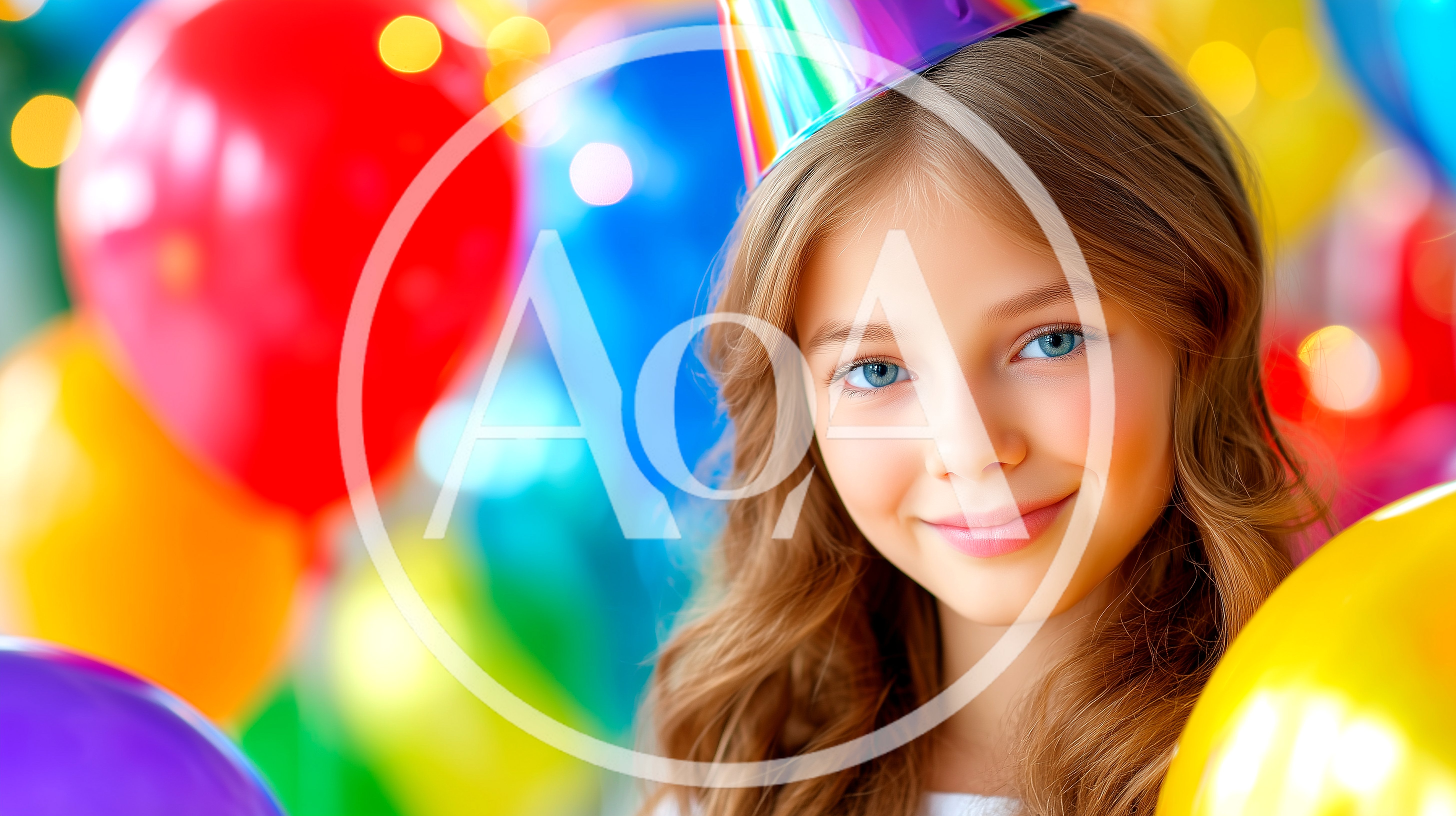 Young Girl Wearing Party Hat Among Colorful Balloons