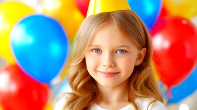 Young Girl Wearing Party Hat With Colorful Balloons
